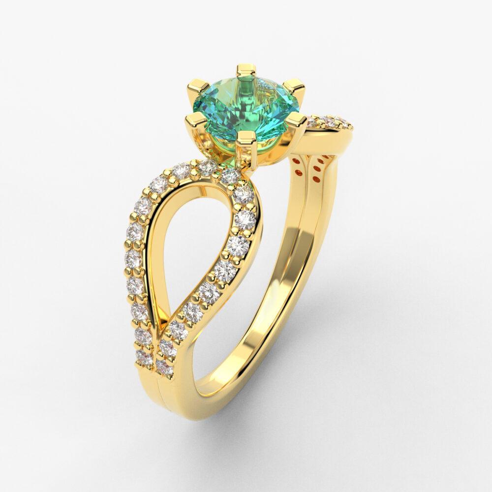 Prsten model 75 od žutog zlata sa akvamarinom i cirkonima