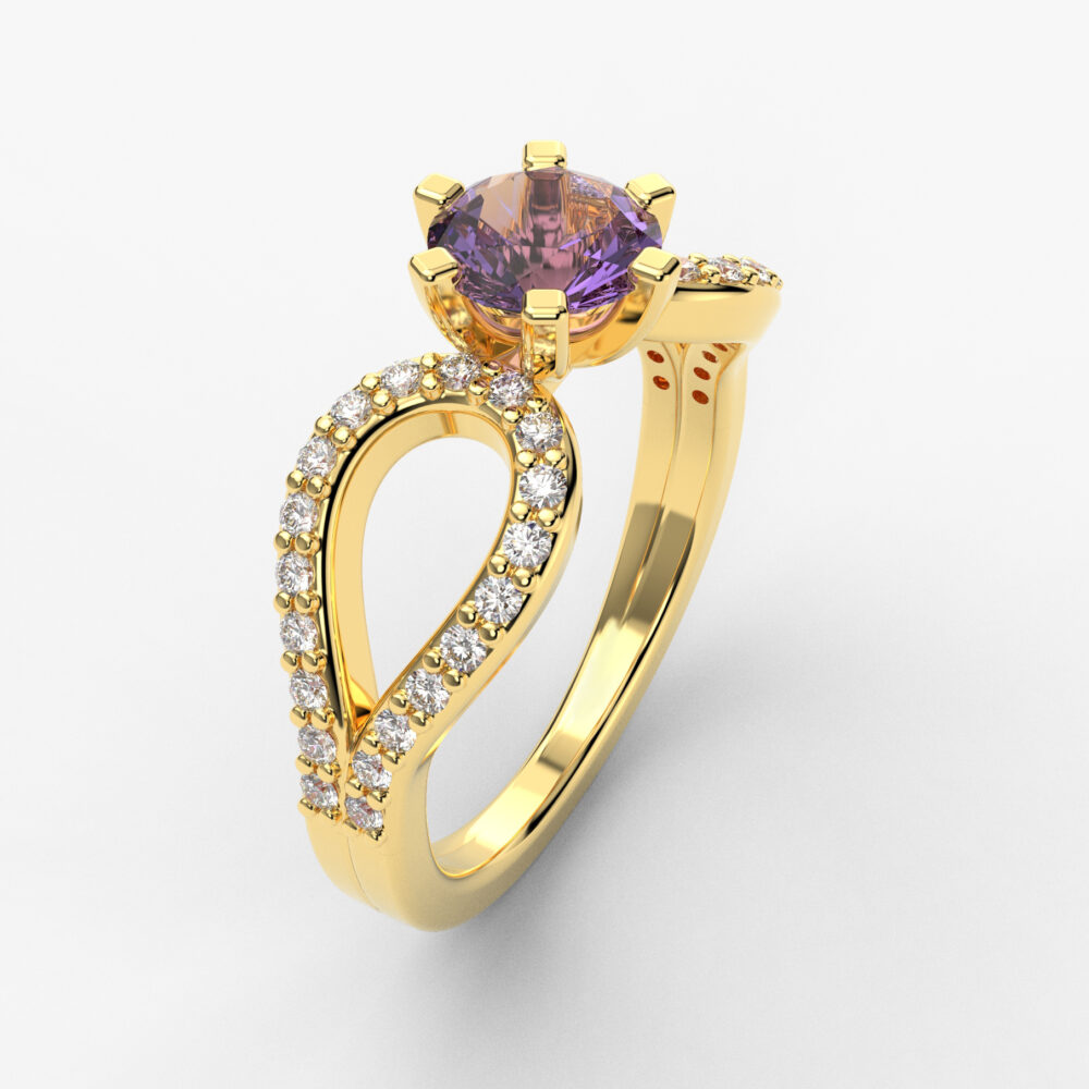 Prsten model 75 od žutog zlata sa ametistom i brilijantima
