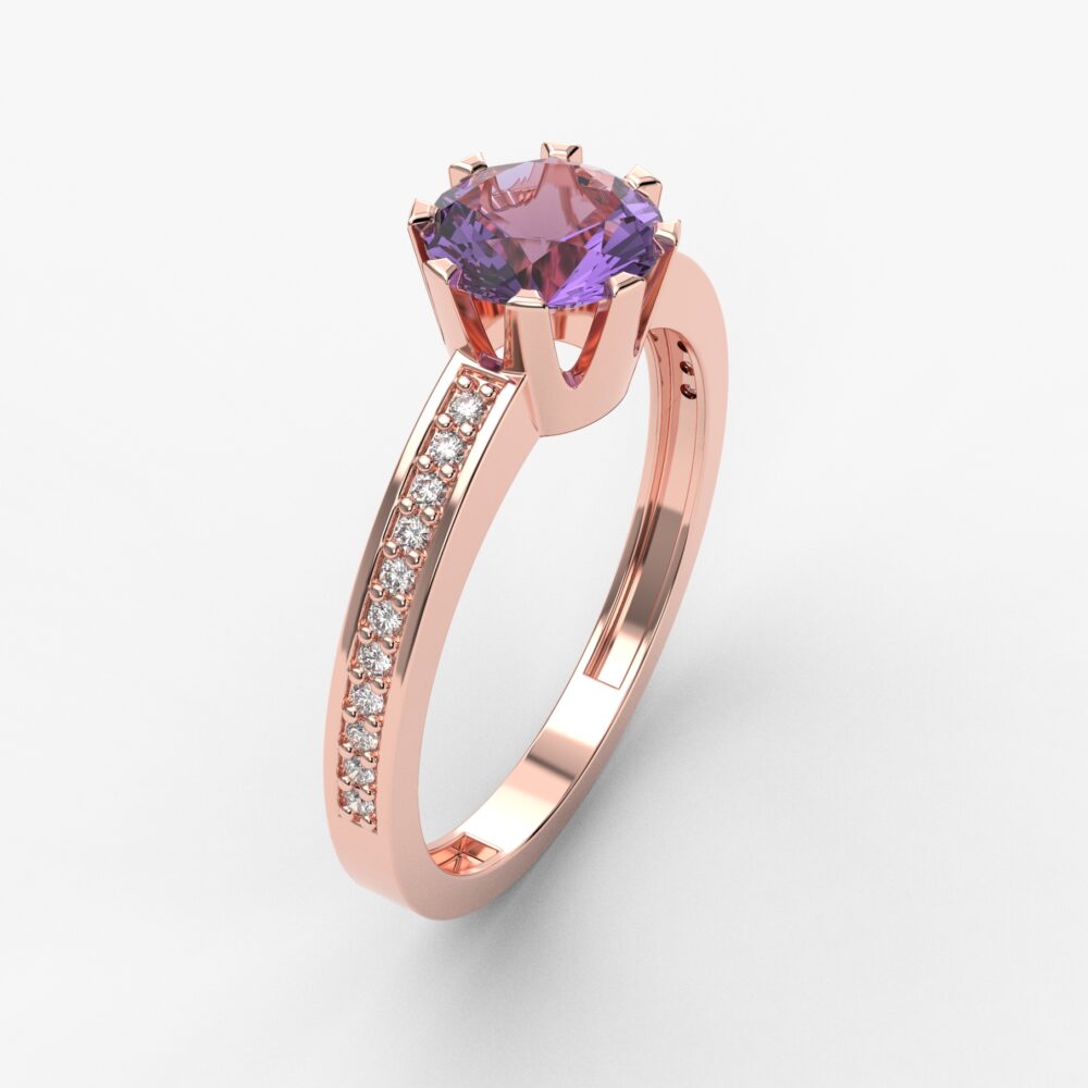 Prsten model 79 od roze zlata sa ametistom i cirkonima