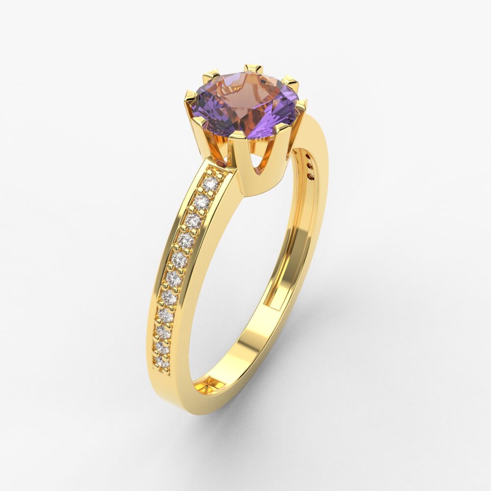 Prsten model 79 od žutog zlata sa ametistom i brilijantima