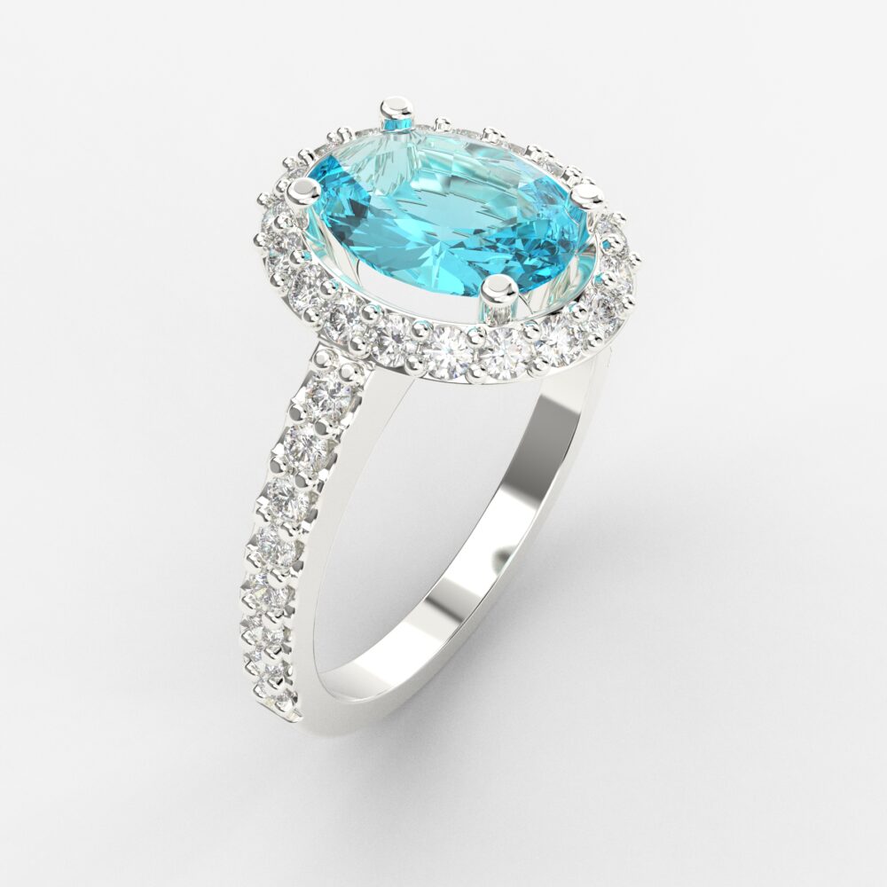 Prsten model 8 od belog zlata sa akvamarinom i brilijantima
