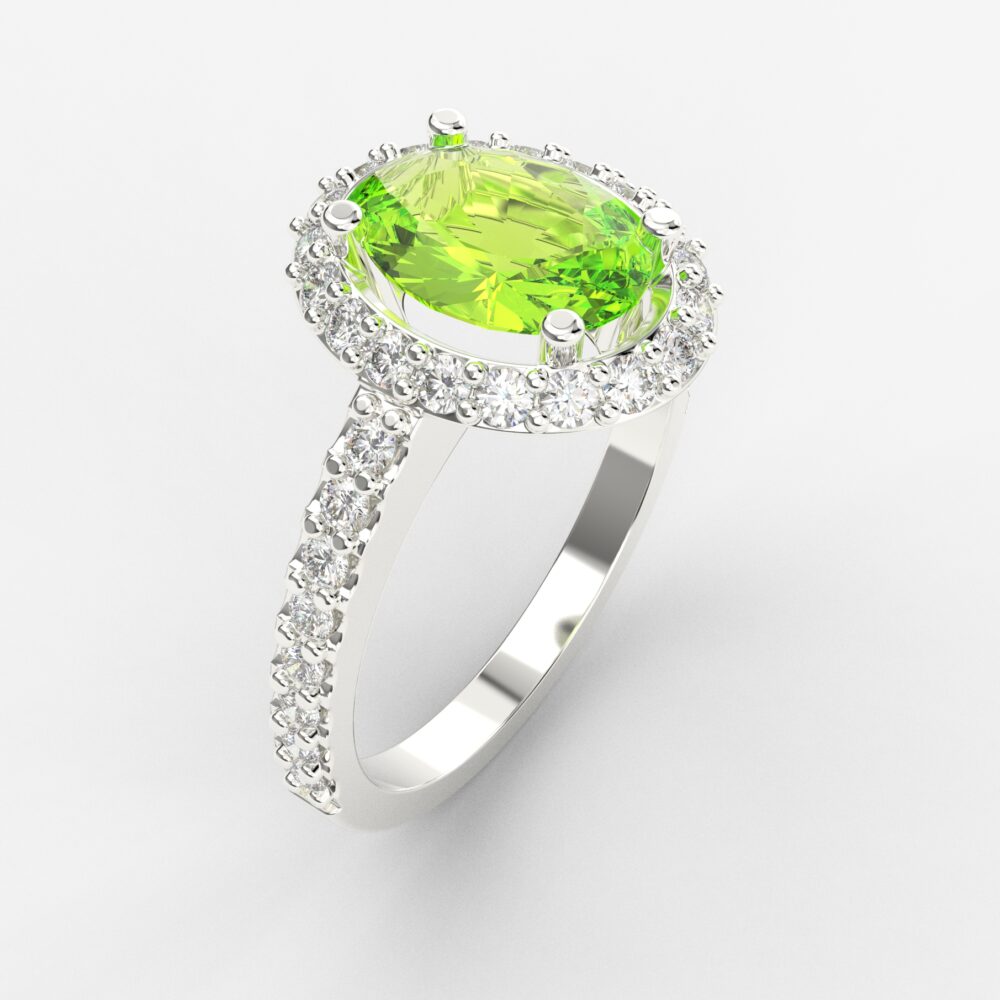 Prsten model 8 od belog zlata sa peridotom i brilijantima