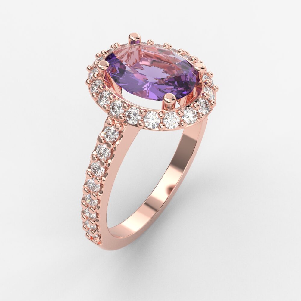 Prsten model 8 od roze zlata sa ametistom i brilijantima