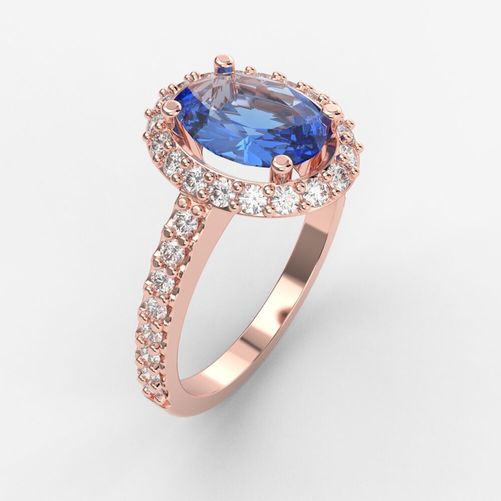 Prsten model 8 od roze zlata sa plavim topazom i brilijantima