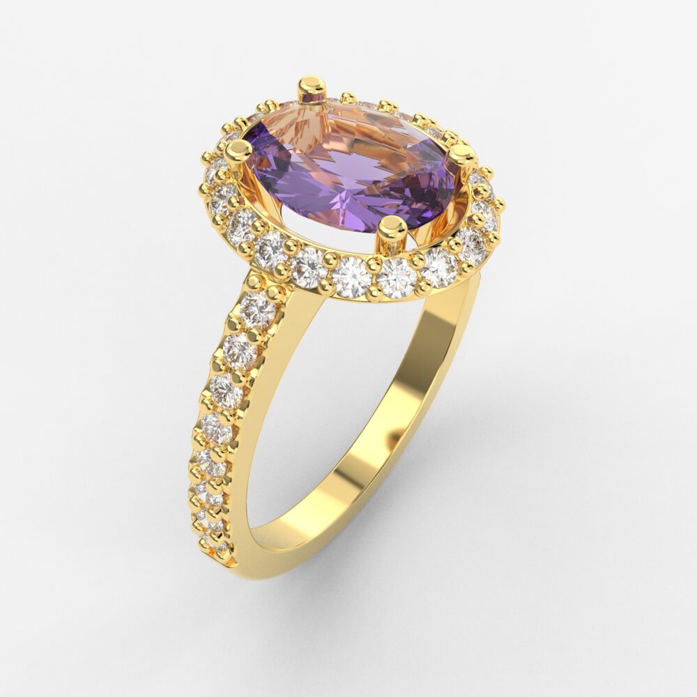 Prsten model 8 od žutog zlata sa ametistom i brilijantima