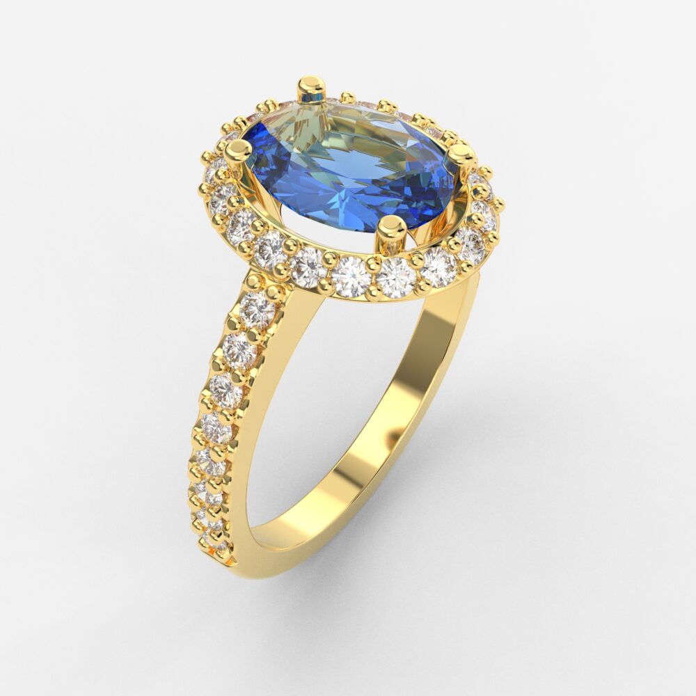 Prsten model 8 od žutog zlata sa plavim topazom i cirkonima