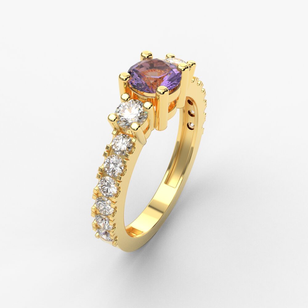 Prsten model 80 od žutog zlata sa ametistom i cirkonima