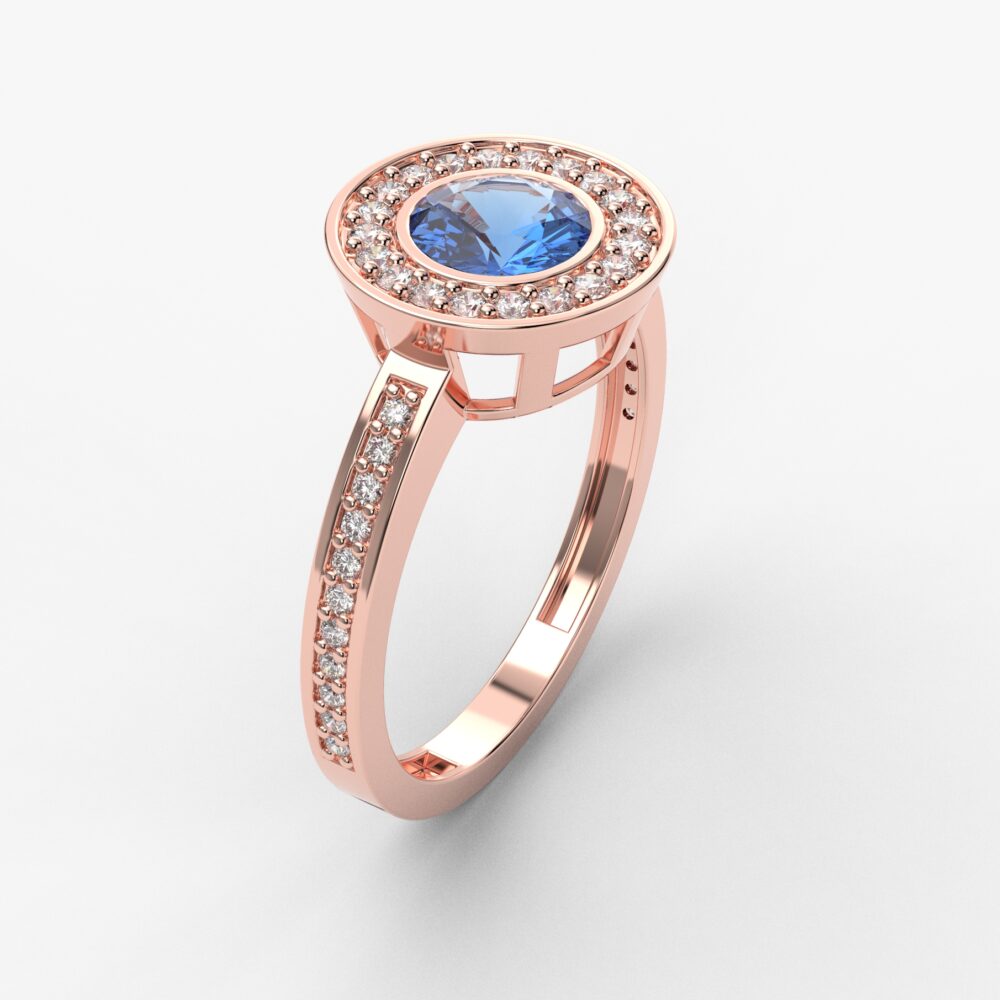 Prsten model 81 od roze zlata sa plavim topazom i brilijantima