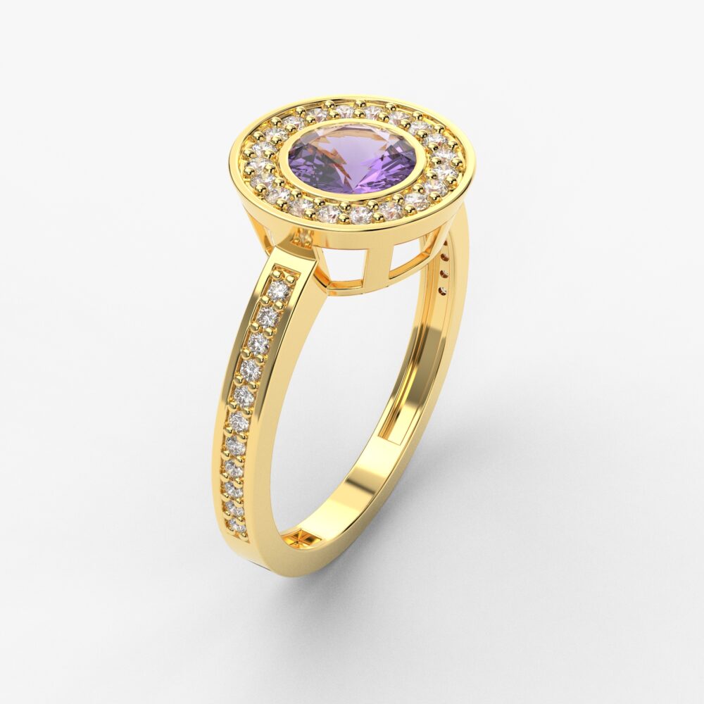 Prsten model 81 od žutog zlata sa ametistom i brilijantima