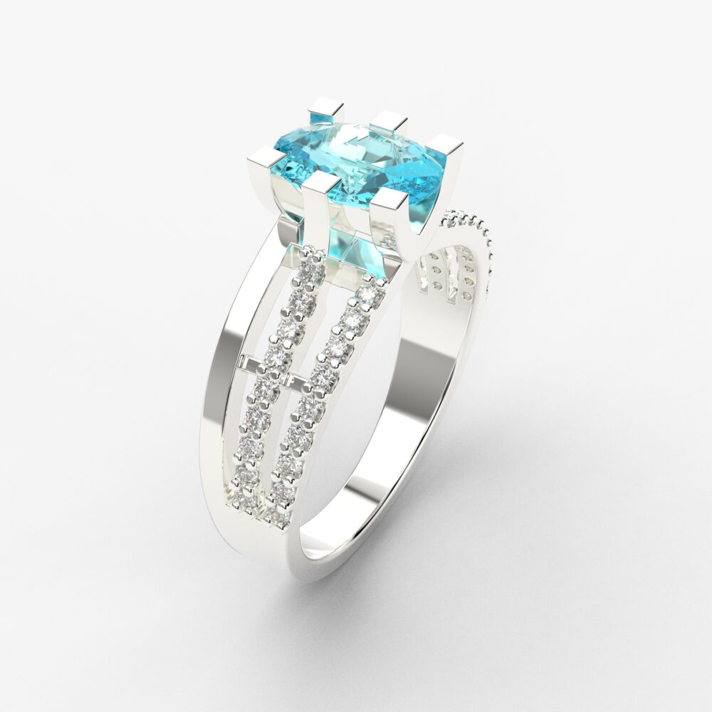 Prsten model 82 od belog zlata sa akvamarinom i brilijantima