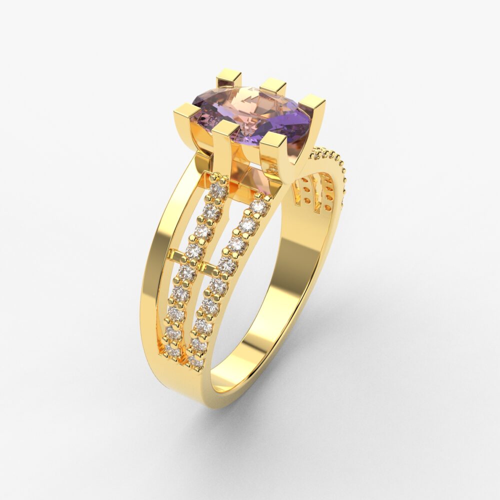 Prsten model 82 od žutog zlata sa ametistom i brilijantima
