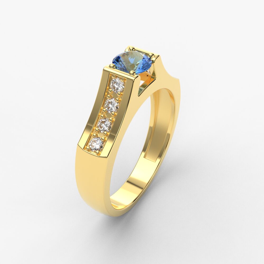 Prsten model 84 od žutog zlata sa plavim topazom i cirkonima