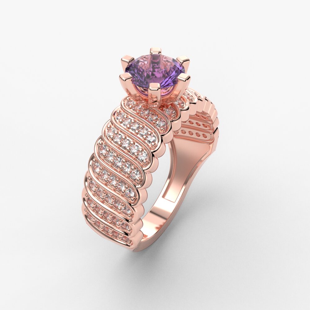 Prsten model 87 od roze zlata sa ametistom i brilijantima