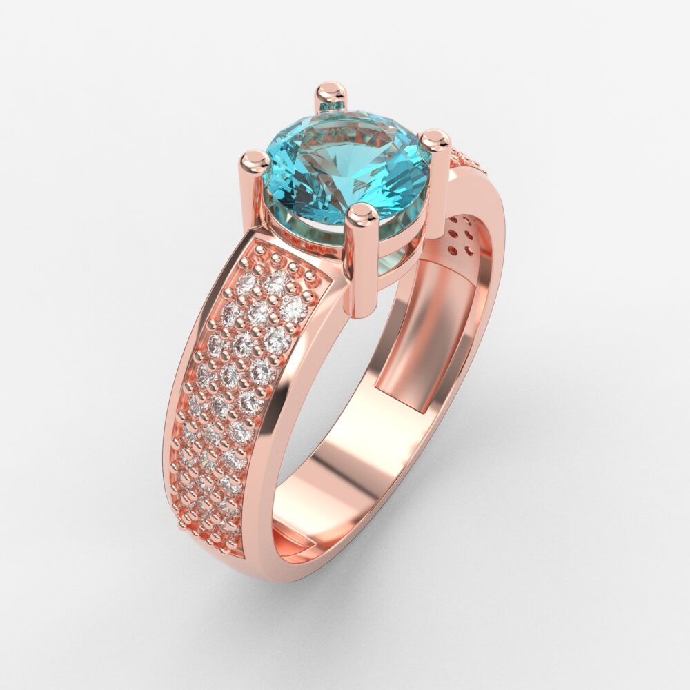 Prsten model 9 od roze zlata sa akvamarinom i brilijantima