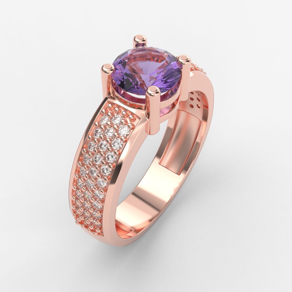 Prsten model 9 od roze zlata sa ametistom i cirkonima