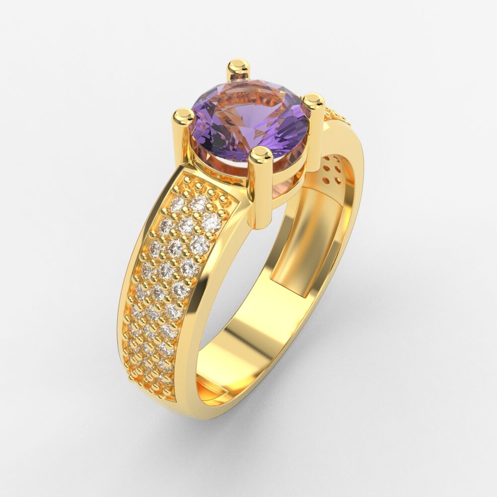 Prsten model 9 od žutog zlata sa ametistom i brilijantima