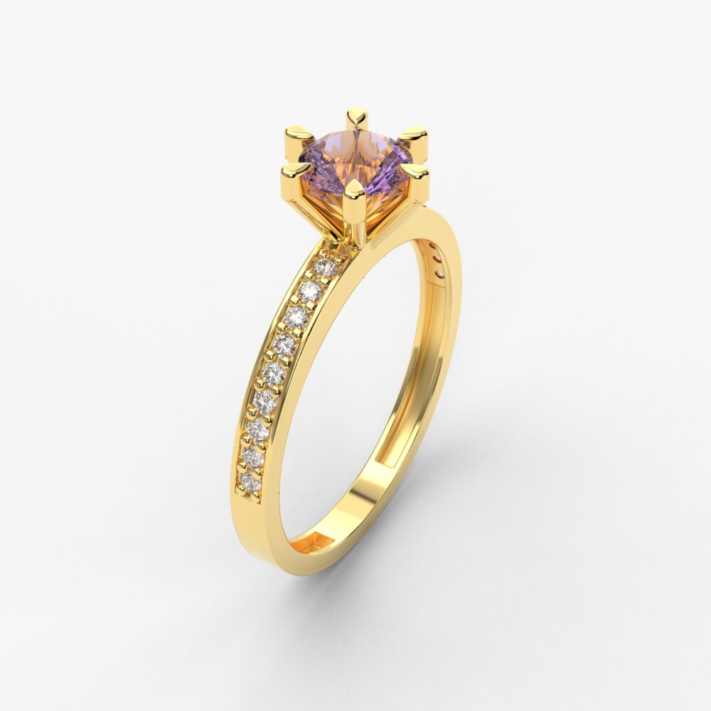 Prsten model 91 od žutog zlata sa ametistom i brilijantima