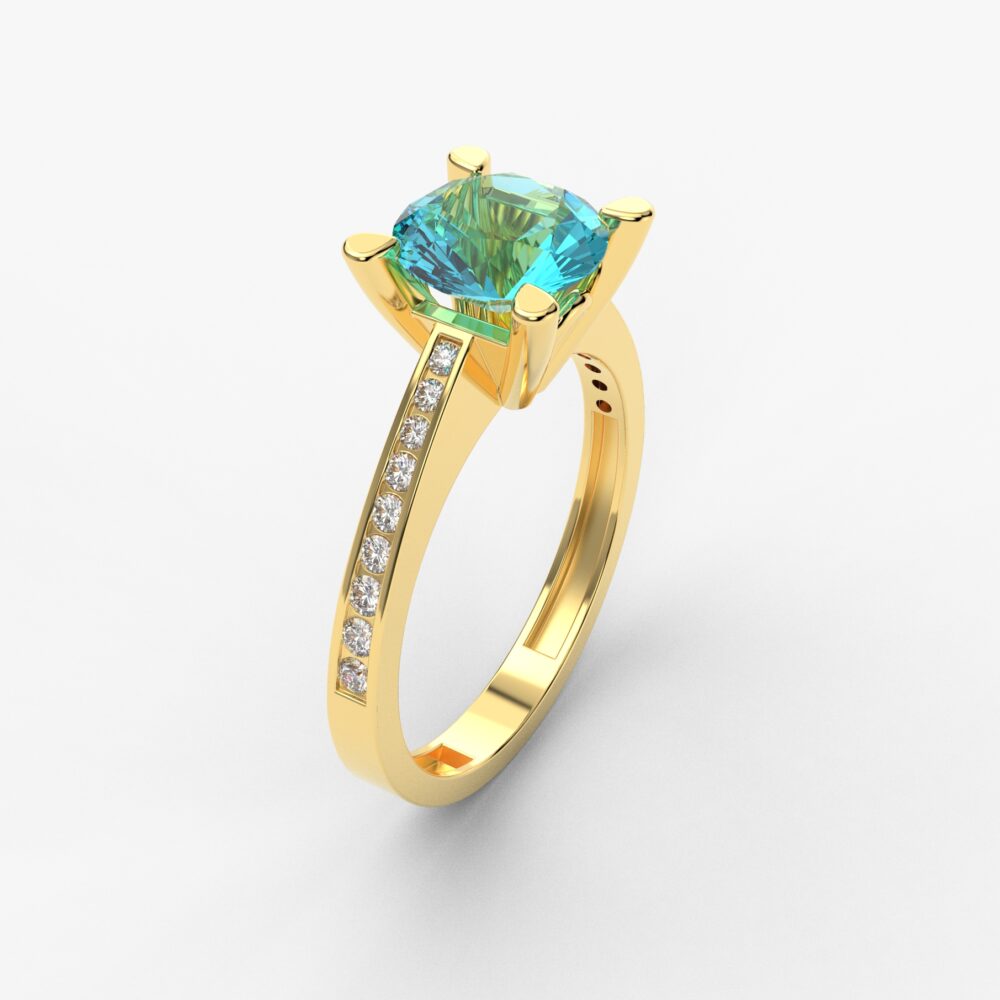 Prsten model 92 od žutog zlata sa akvamarinom i brilijantima