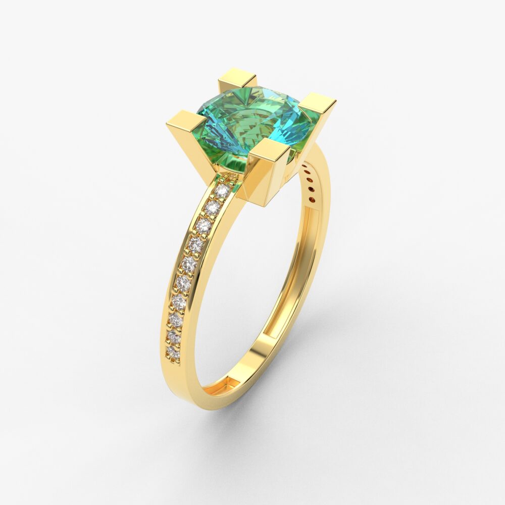 Prsten model 93 od žutog zlata sa akvamarinom i cirkonima