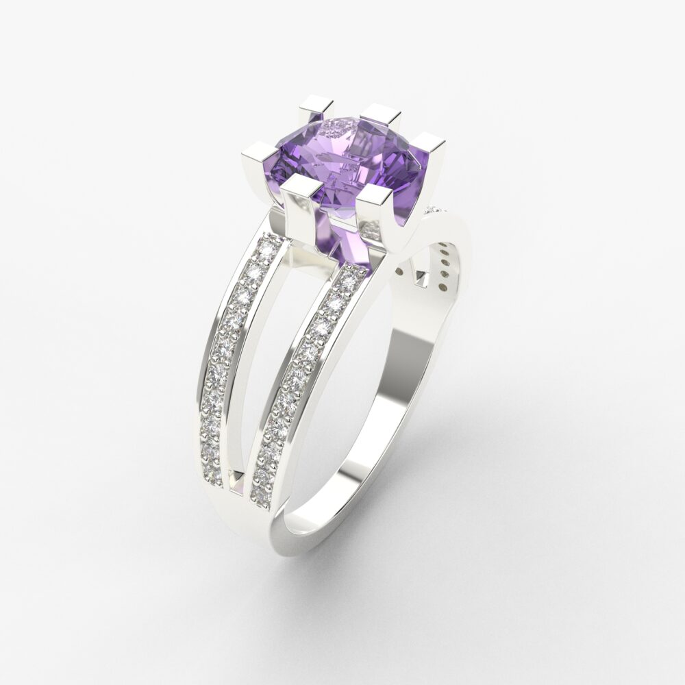 Prsten model 95 od belog zlata sa ametistom i cirkonima