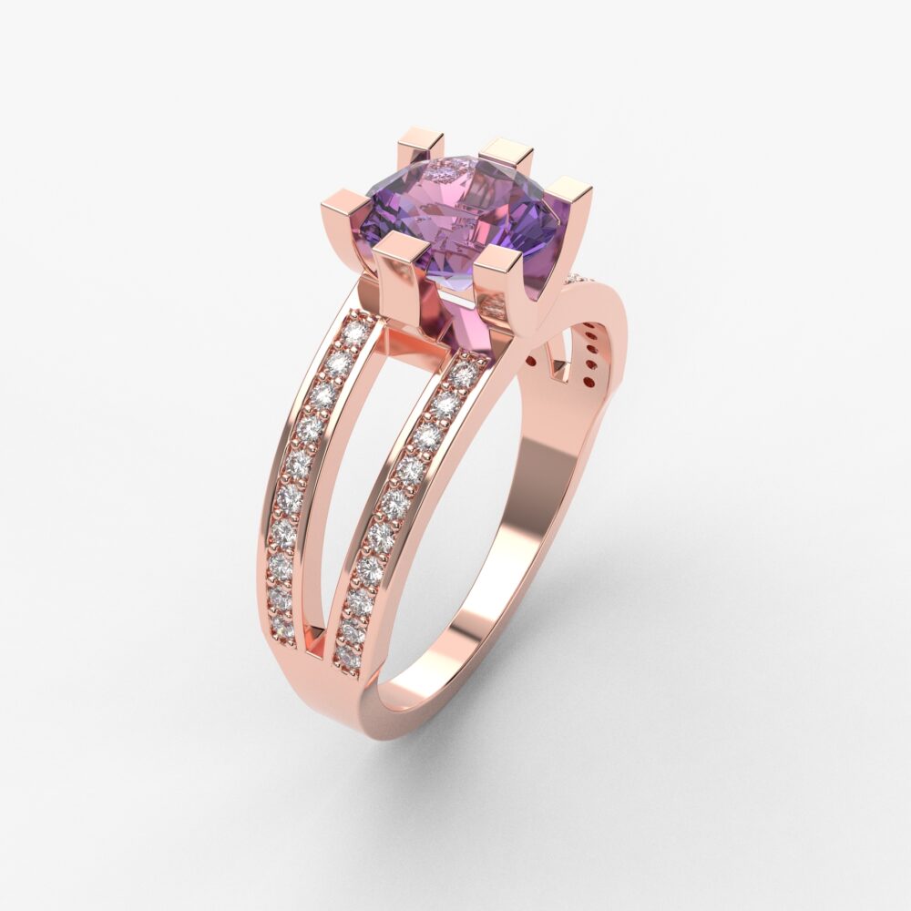 Prsten model 95 od roze zlata sa ametistom i brilijantima