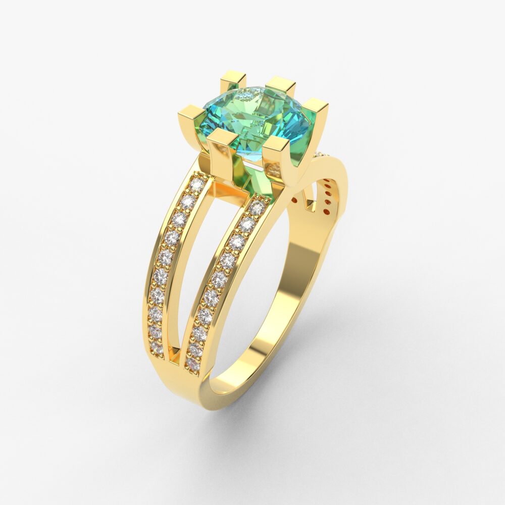 Prsten model 95 od žutog zlata sa akvamarinom i cirkonima