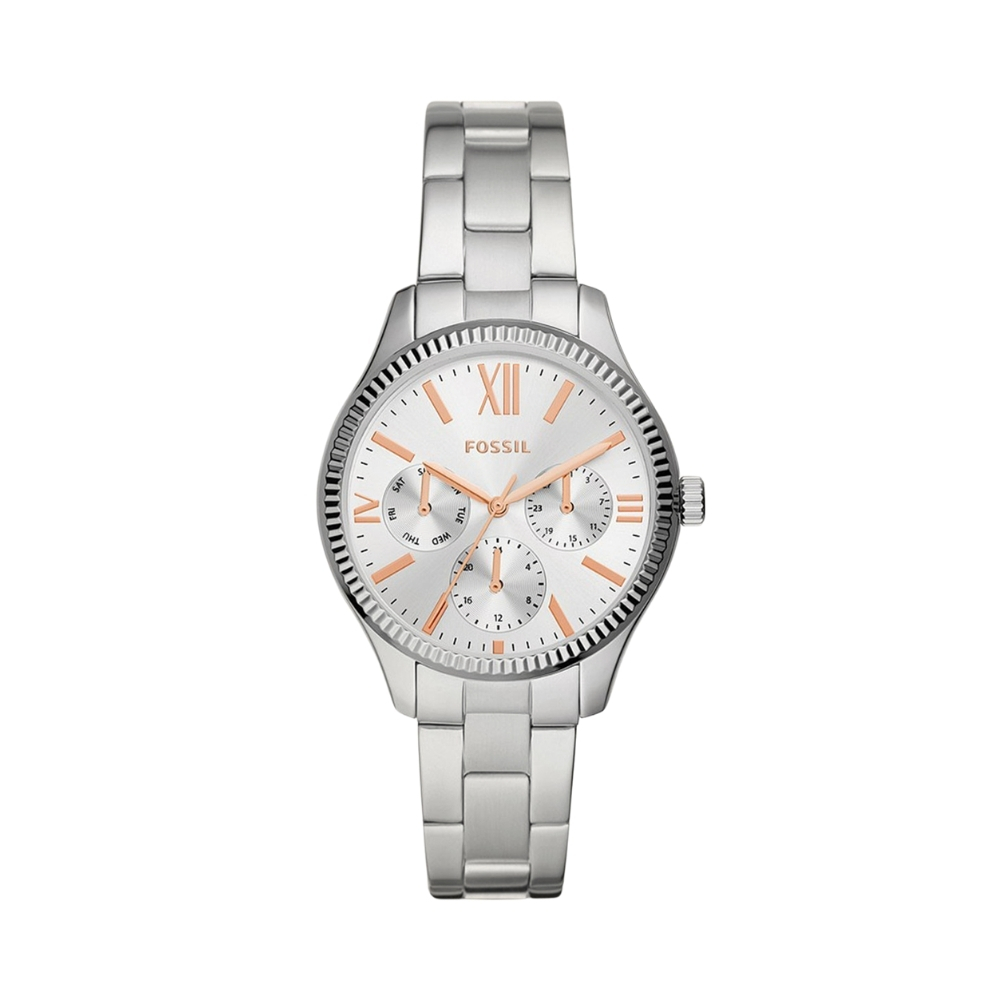 36mm Fossil ženski multifunkcijski sat sa srebrnim brojčanikom sa rose gold indeksima i srebrnom narukvicom od nerđajućeg čelika.
