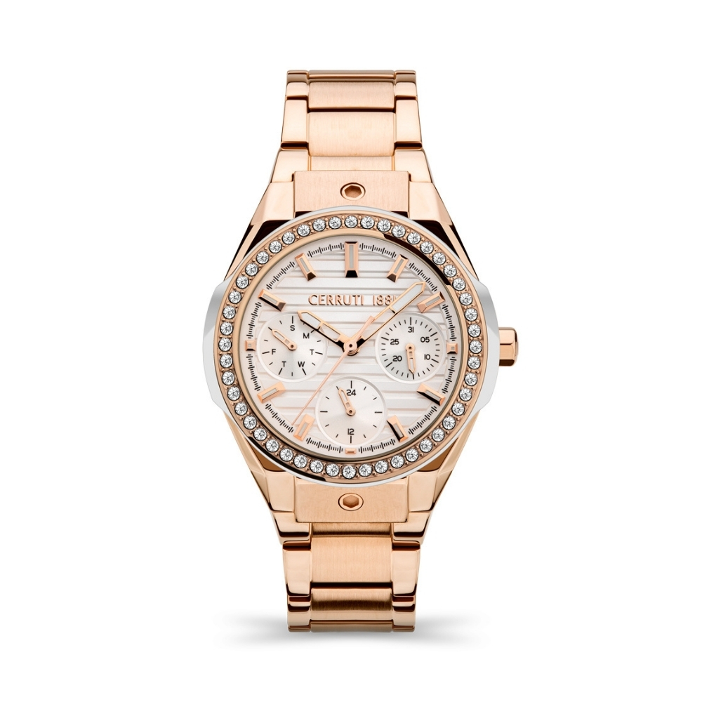 Ženski sat brenda Cerutti iz kolekcije Vallelaghi je legantnog dizajna. Kućište i narukvica su izrađeni od nerđajućeg čelika u boji roze zlata. Bročanik je bele boje sa indeksima i kazaljkama u rose gold nijansi. Eleganciju ovog modela upotpunjuju cirkoni koji okružuju staklo. Ovaj model je dizajniran da zadovolji želje urbanih žena