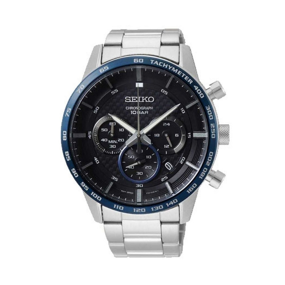 Muški sportsko elegantan kvarcni sat brenda Seiko. Crnog dizajniranog brojčanika sa srebrnim indikatorima  koji prikazuju funkcije sata. Luminescentnih je kazaljki i indeksa koji jasno pokazuju vreme pri slabijoj svetlosti. Karakteriše ga visok nivo tehnologije