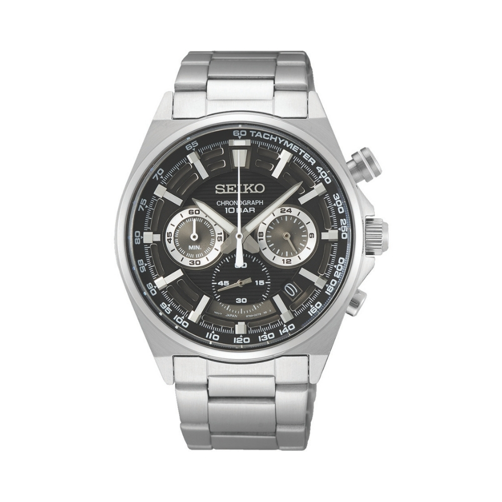 Muški sportski kvarcni sat brenda Seiko iz kolekcije Discover More. Crnog dizajniranog brojčanika sa srebrnim indikatorima i koji prikazuju funkcije sata. Luminescentnih je kazaljki i indeksa koji jasno pokazuju vreme pri slabijoj svetlosti. Karakteriše ga visok nivo tehnologije