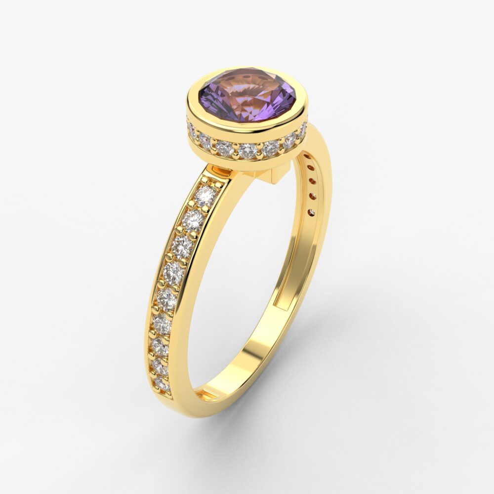 Prsten model 104 od žutog zlata sa ametistom i brilijantima