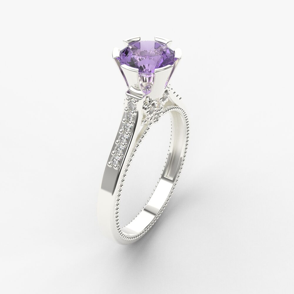 Prsten model 105 od belog zlata sa ametistom i brilijantima