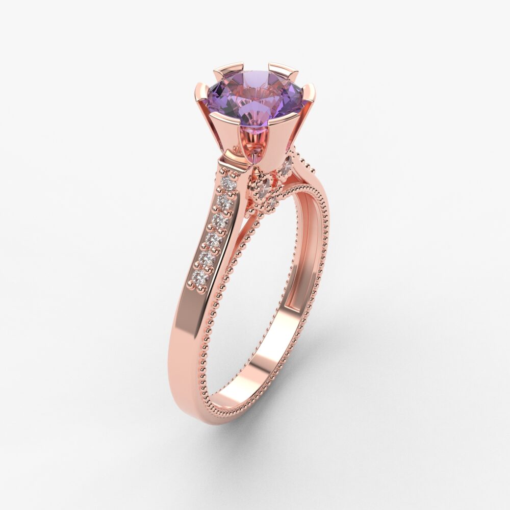 Prsten model 105 od roze zlata sa ametistom i brilijantima