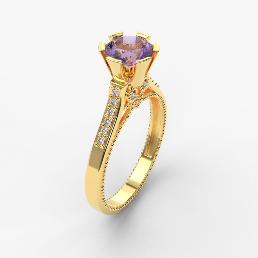 Prsten model 105 od žutog zlata sa ametistom i brilijantima