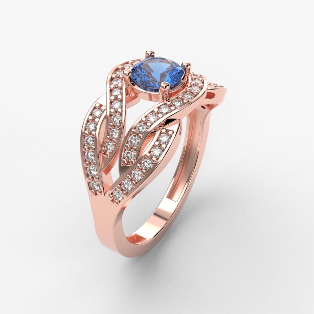 Prsten model 110 od roze zlata sa plavim topazom i brilijantima