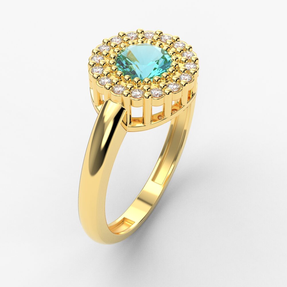 Prsten model 26 od žutog zlata sa akvamarinom i brilijantima