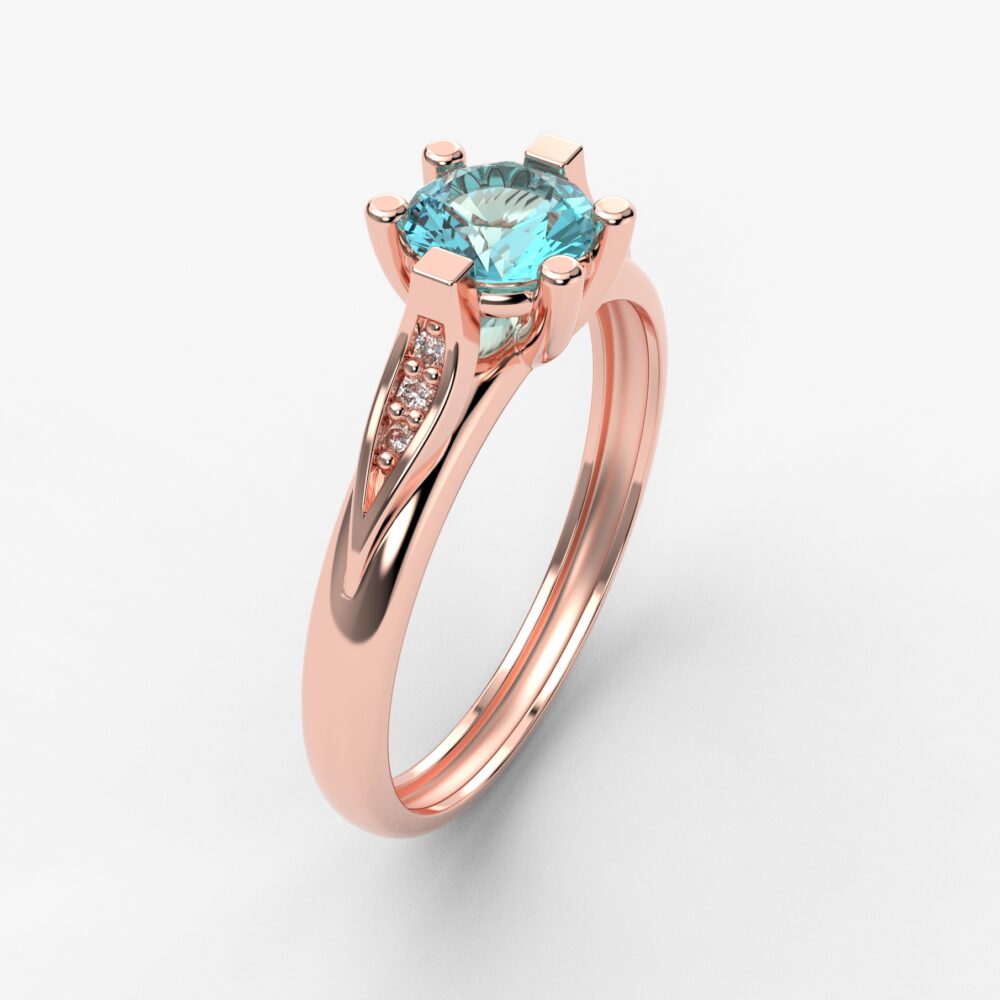 Prsten model 55 od roze zlata sa akvamarinom i brilijantima