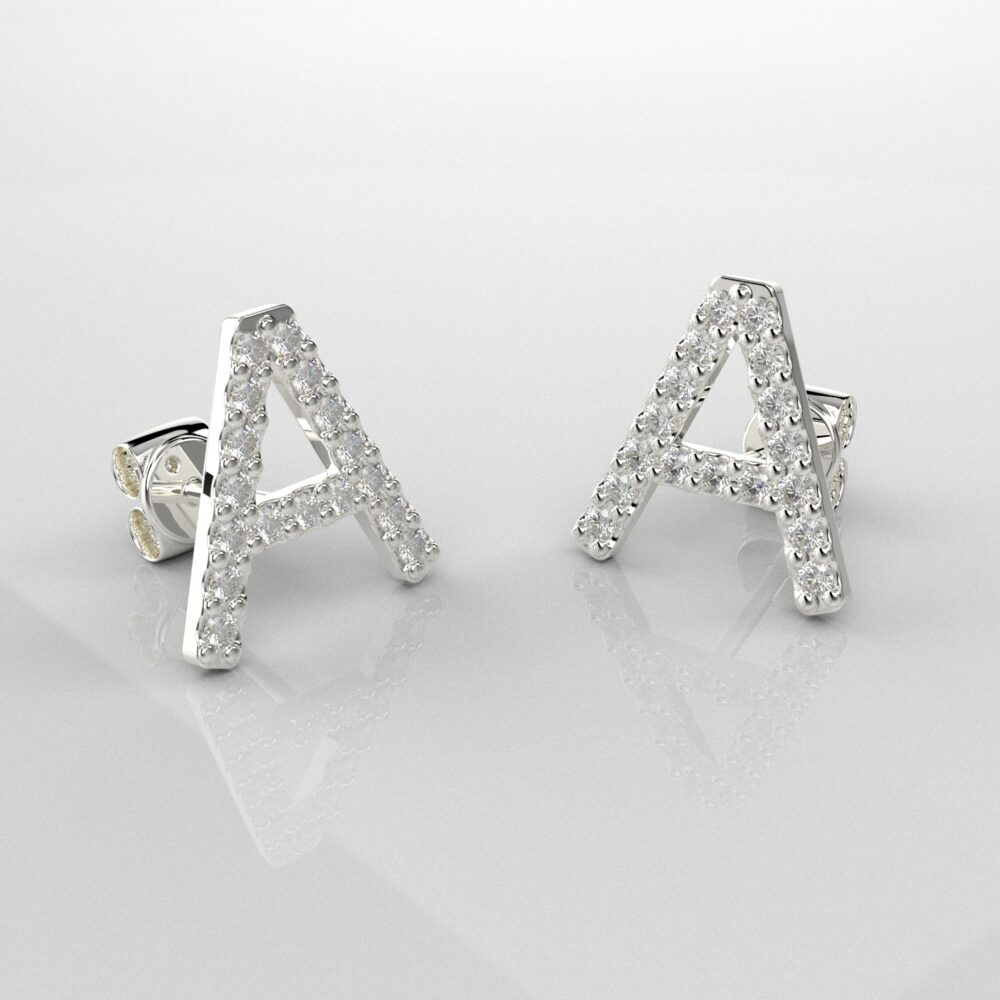 Minđuše na šraf liveno slovo A od belog zlata sa brilijantima M-LI-072-B-B