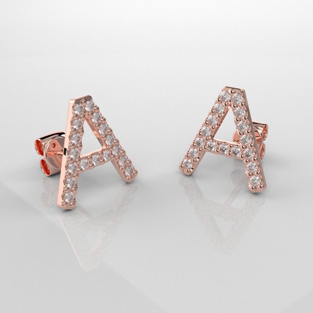 Minđuše na šraf liveno slovo A od roze zlata sa brilijantima M-LI-072-R-B