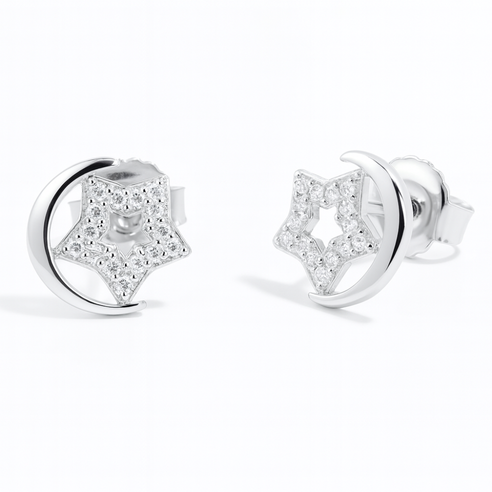 Srebrne minđuše na šraf zvezda i polumesec JS02-E2254